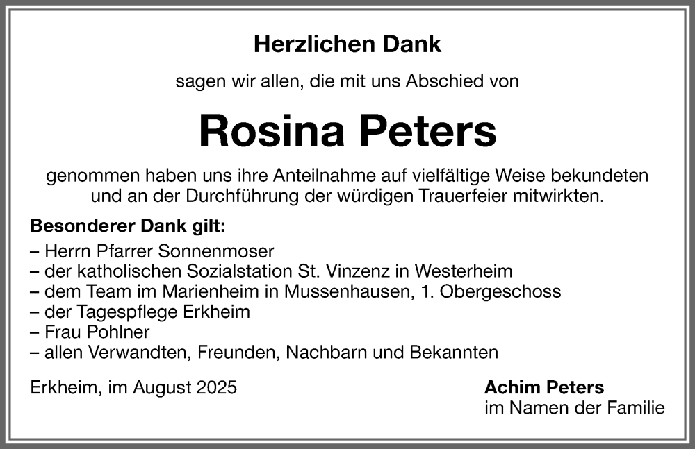  Traueranzeige für Rosina Peters vom 13.08.2025 aus Memminger Zeitung