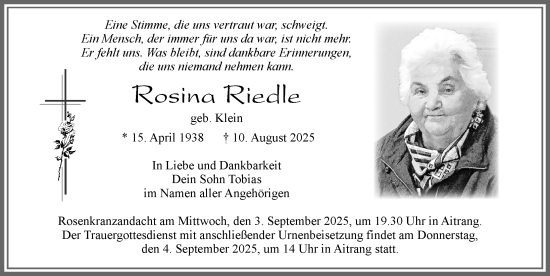 Traueranzeige von Rosina Riedle von Allgäuer Zeitung, Marktoberdorf