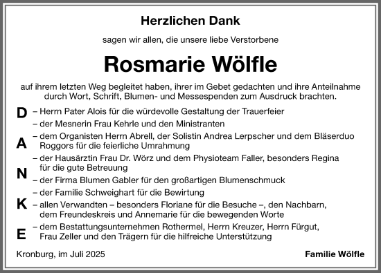 Traueranzeige von Rosmarie Wölfle von Memminger Zeitung