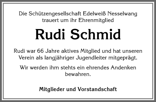 Traueranzeige von Rudi Schmid von Allgäuer Zeitung, Füssen