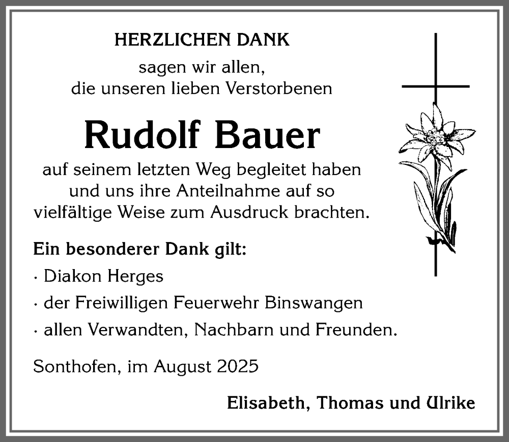  Traueranzeige für Rudolf Bauer vom 09.08.2025 aus Allgäuer Anzeigeblatt