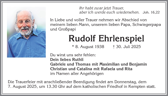 Traueranzeige von Rudolf Ehrlenspiel von Allgäuer Zeitung,Kempten
