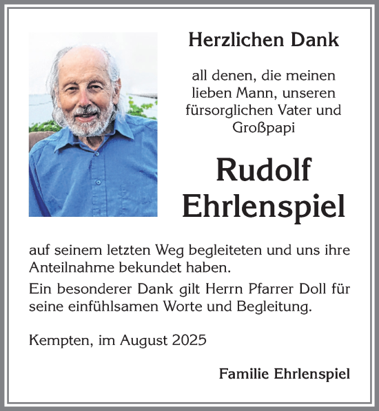 Traueranzeige von Rudolf Ehrlenspiel von Allgäuer Zeitung,Kempten