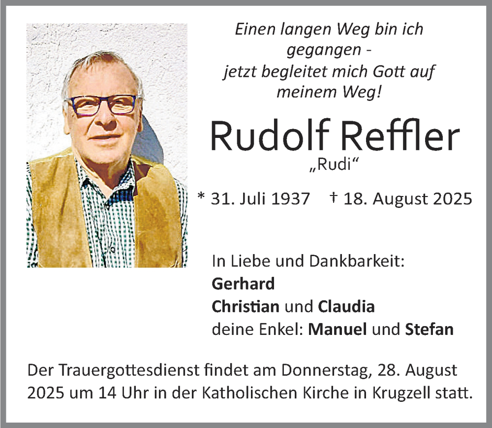  Traueranzeige für Rudolf Reffler vom 23.08.2025 aus Allgäuer Zeitung,Kempten