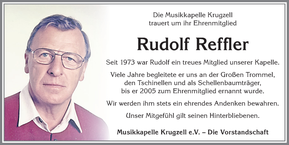 Traueranzeige für Rudolf Reffler vom 30.08.2025 aus Allgäuer Zeitung,Kempten