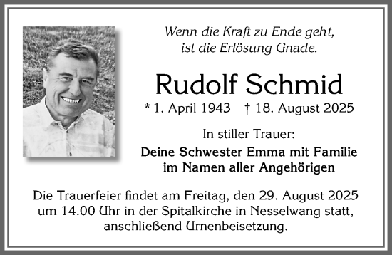 Traueranzeige von Rudolf Schmid von Allgäuer Zeitung, Füssen
