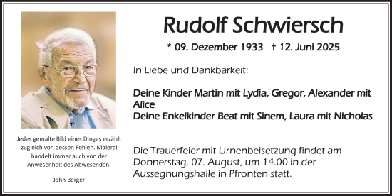 Traueranzeige von Rudolf Schwiersch von Allgäuer Zeitung, Füssen