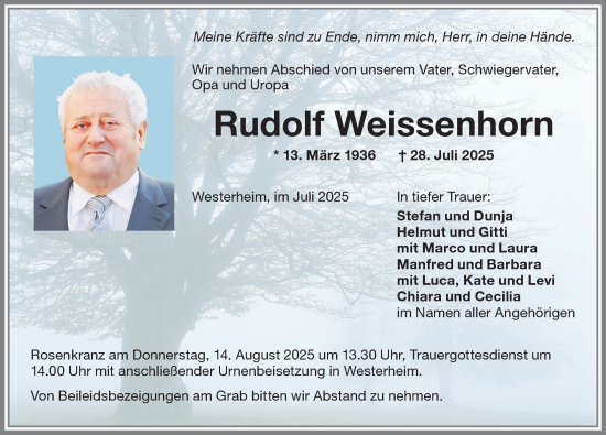 Traueranzeige von Rudolf Weissenhorn von Memminger Zeitung