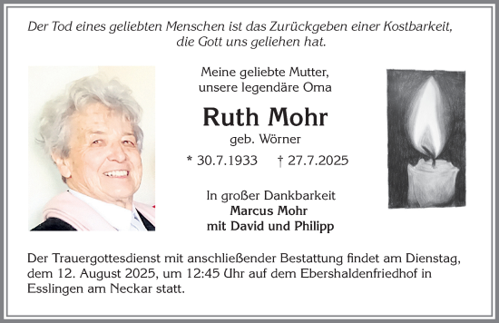 Traueranzeige von Ruth Mohr von Allgäuer Anzeigeblatt