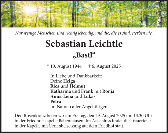 Traueranzeige von Sebastian Leichtle von Illertisser Zeitung, Augsburger Allgemeine