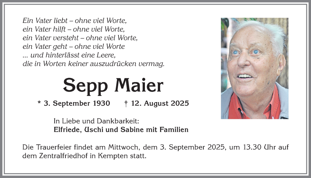  Traueranzeige für Sepp Maier vom 30.08.2025 aus Allgäuer Zeitung,Kempten