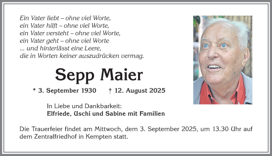 Traueranzeige von Sepp Maier von Allgäuer Zeitung,Kempten
