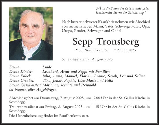 Traueranzeige von Sepp Tronsberg von Der Westallgäuer