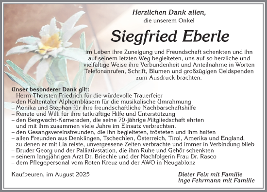 Traueranzeige von Siegfried Eberle von Allgäuer Zeitung, Kaufbeuren/Buchloe