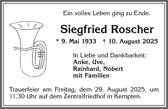 Traueranzeige von Siegfried Roscher von Allgäuer Zeitung,Kempten