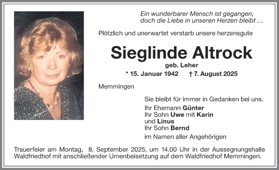 Traueranzeige von Sieglinde Altrock von Memminger Zeitung
