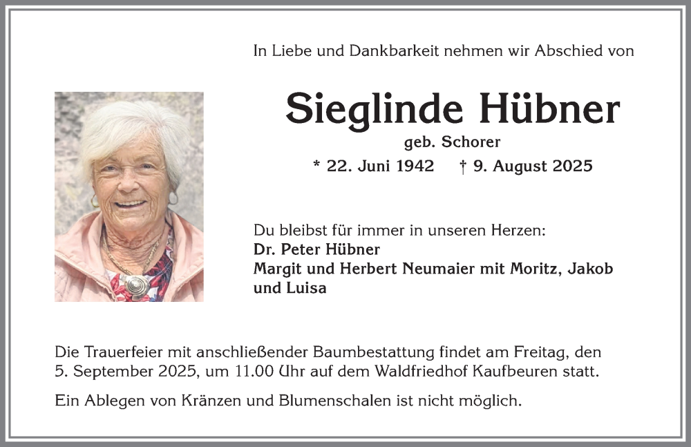  Traueranzeige für Sieglinde Hübner vom 30.08.2025 aus Allgäuer Zeitung, Kaufbeuren/Buchloe