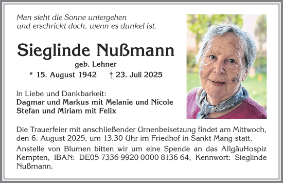 Traueranzeige von Sieglinde Nussmann von Allgäuer Zeitung,Kempten