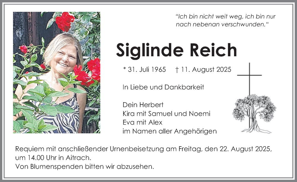  Traueranzeige für Siglinde Reich vom 19.08.2025 aus Memminger Zeitung