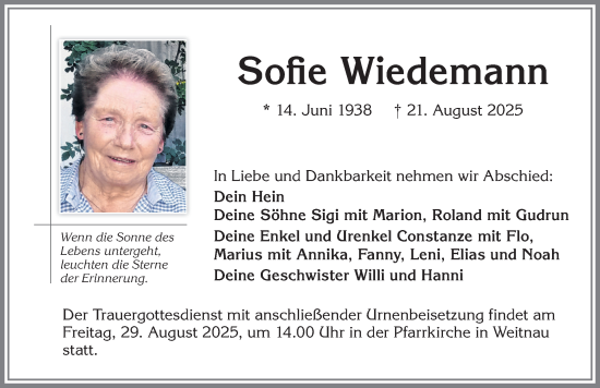 Traueranzeige von Sofie Wiedemann von Allgäuer Zeitung,Kempten