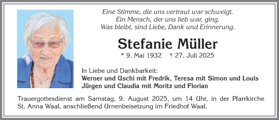 Traueranzeige von Stefanie Müller von Allgäuer Zeitung, Kaufbeuren/Buchloe