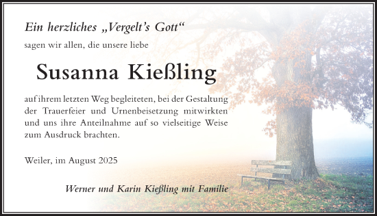 Traueranzeige von Susanna Kießling von Der Westallgäuer