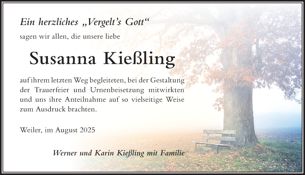  Traueranzeige für Susanna Kießling vom 23.08.2025 aus Der Westallgäuer