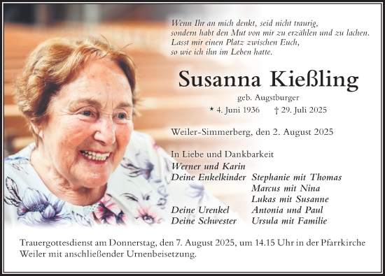 Traueranzeige von Susanna Kießling von Der Westallgäuer