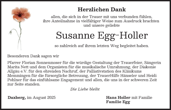 Traueranzeige von Susanne Egg-Holler von Memminger Zeitung