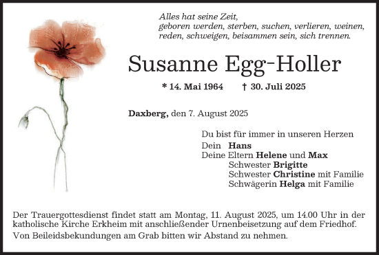 Traueranzeige von Susanne Egg-Holler von Memminger Zeitung