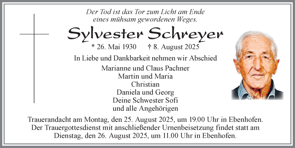  Traueranzeige für Sylvester Schreyer vom 23.08.2025 aus Allgäuer Zeitung, Marktoberdorf