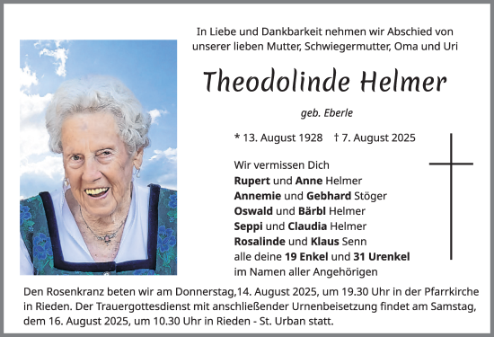 Traueranzeige von Theodolinde Helmer von Allgäuer Zeitung, Füssen