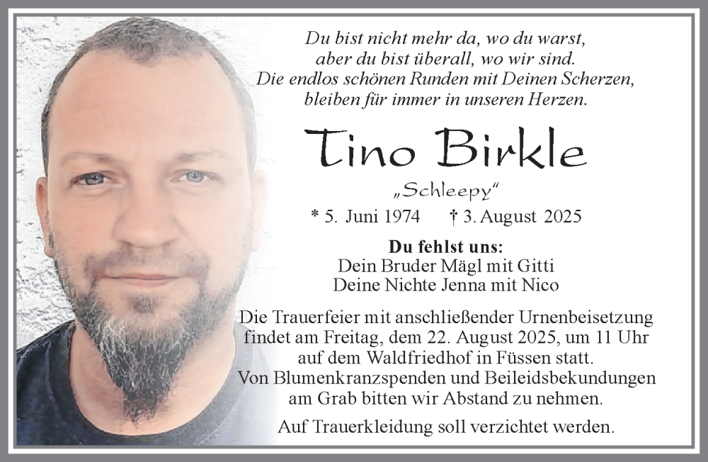  Traueranzeige für Tino Birkle vom 14.08.2025 aus Allgäuer Zeitung, Füssen