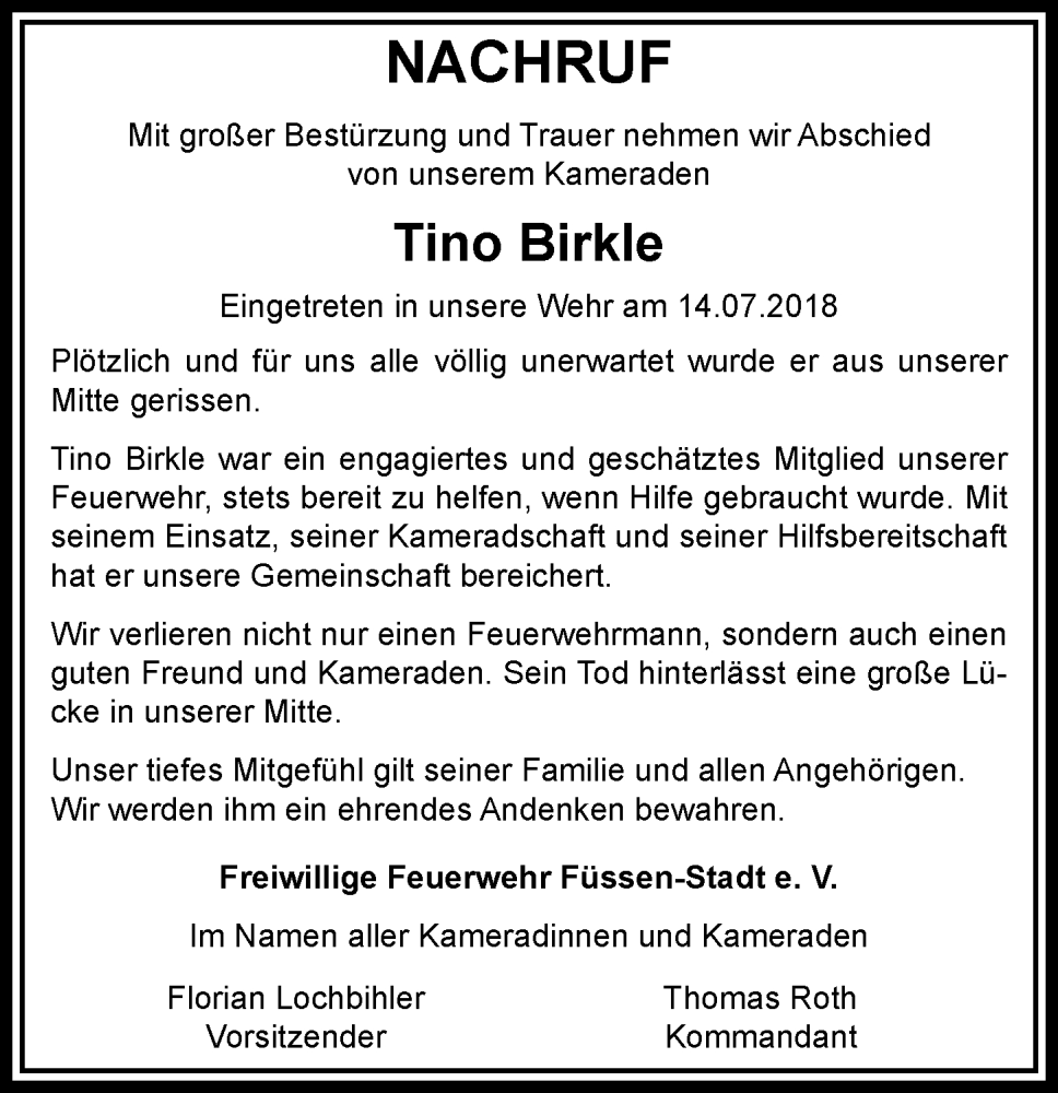  Traueranzeige für Tino Birkle vom 19.08.2025 aus Allgäuer Zeitung, Füssen