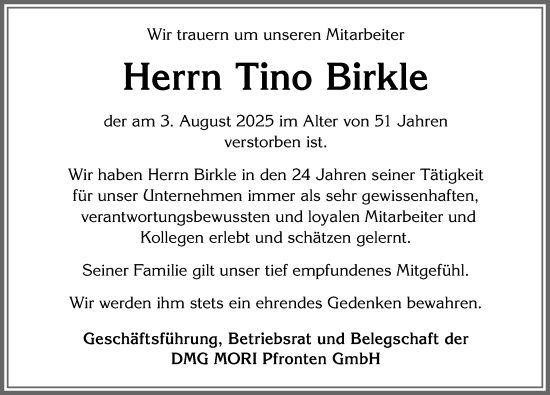Traueranzeige von Tino Birkle von Allgäuer Zeitung, Füssen