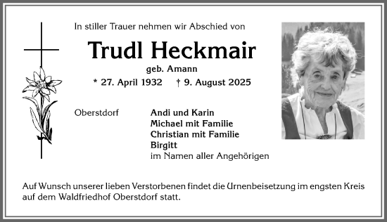 Traueranzeige von Trudl Heckmair von Allgäuer Anzeigeblatt
