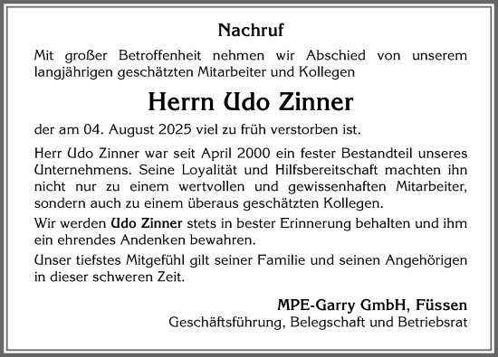Traueranzeige von Udo Zinner von Allgäuer Zeitung, Füssen