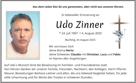 Traueranzeige von Udo Zinner von Allgäuer Zeitung, Füssen