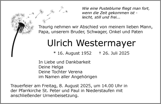 Traueranzeige von Ulrich Westermayer von Der Westallgäuer