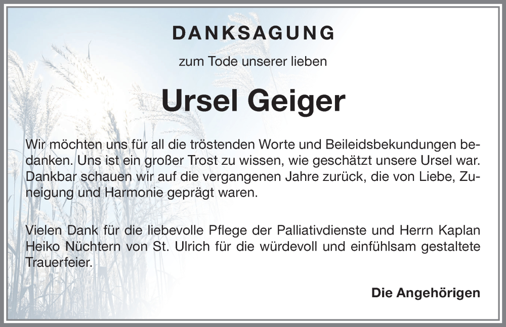  Traueranzeige für Ursel Geiger vom 09.08.2025 aus Allgäuer Zeitung, Kaufbeuren/Buchloe