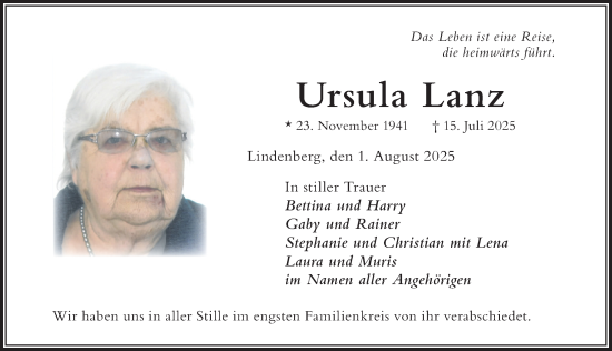 Traueranzeige von Ursula Lanz von Der Westallgäuer