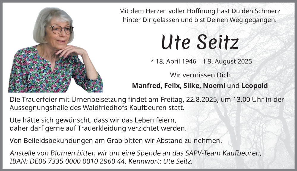  Traueranzeige für Ute Seitz vom 16.08.2025 aus Allgäuer Zeitung, Füssen