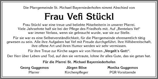 Traueranzeige von Vefi Stückl von Allgäuer Zeitung, Füssen