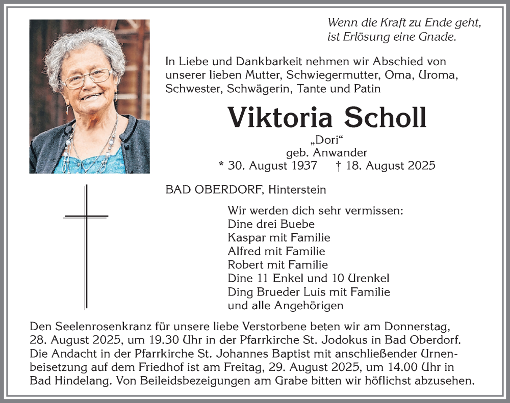 Traueranzeige für Viktoria Scholl vom 23.08.2025 aus Allgäuer Anzeigeblatt