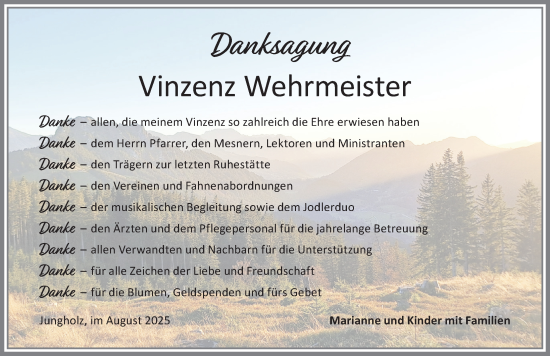 Traueranzeige von Vinzenz Wehrmeister von Allgäuer Anzeigeblatt