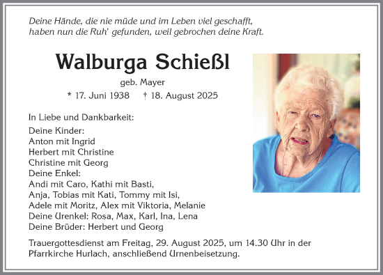 Traueranzeige von Walburga Schießl von Augsburger Allgemeine, Landsberger Tagblatt