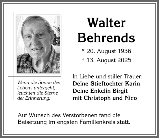 Traueranzeige von Walter Behrends von Allgäuer Zeitung,Kempten