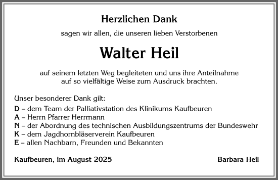 Traueranzeige von Walter Heil von Allgäuer Zeitung, Kaufbeuren/Buchloe