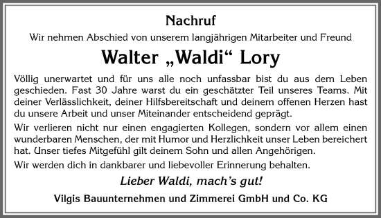 Traueranzeige von Walter Lory von Allgäuer Zeitung, Füssen