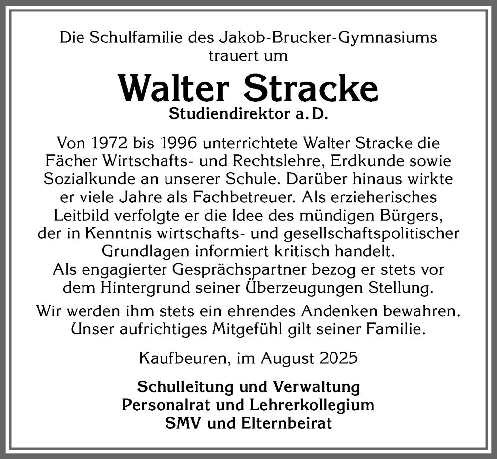  Traueranzeige für Walter Stracke vom 16.08.2025 aus Allgäuer Zeitung, Kaufbeuren/Buchloe